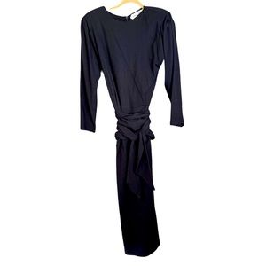 Vintage Sara Campbell Black 100% Wool Ling Sleeve Wrap Tie‎ Waist MIDI Dress L